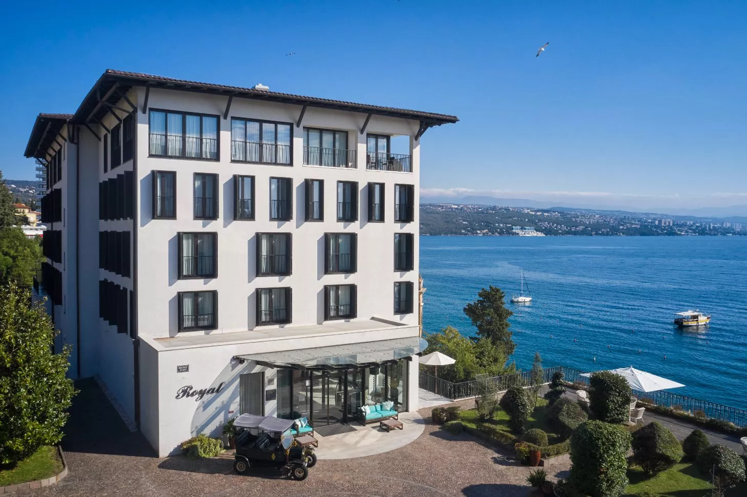 Hotel Royal Opatija overlooking the Adriatic Sea, featuring elegant architecture, landscaped gardens and a prime seafront location on the Opatija Riviera.